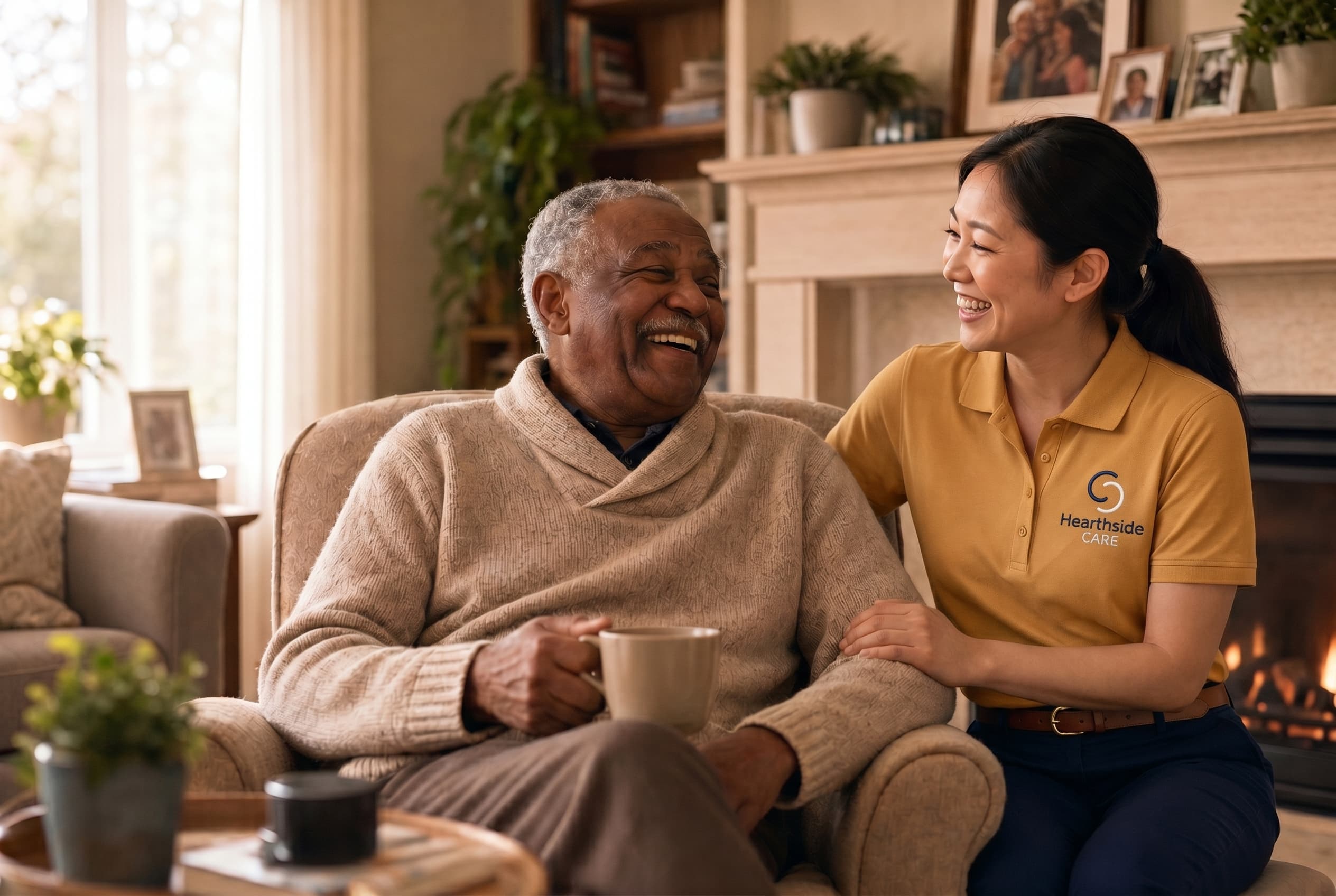 A caregiver and an older man sharing a warm moment at home