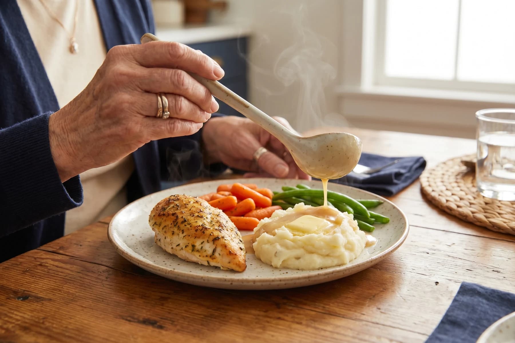 A warm home-cooked dinner being served onto a plate — meal preparation