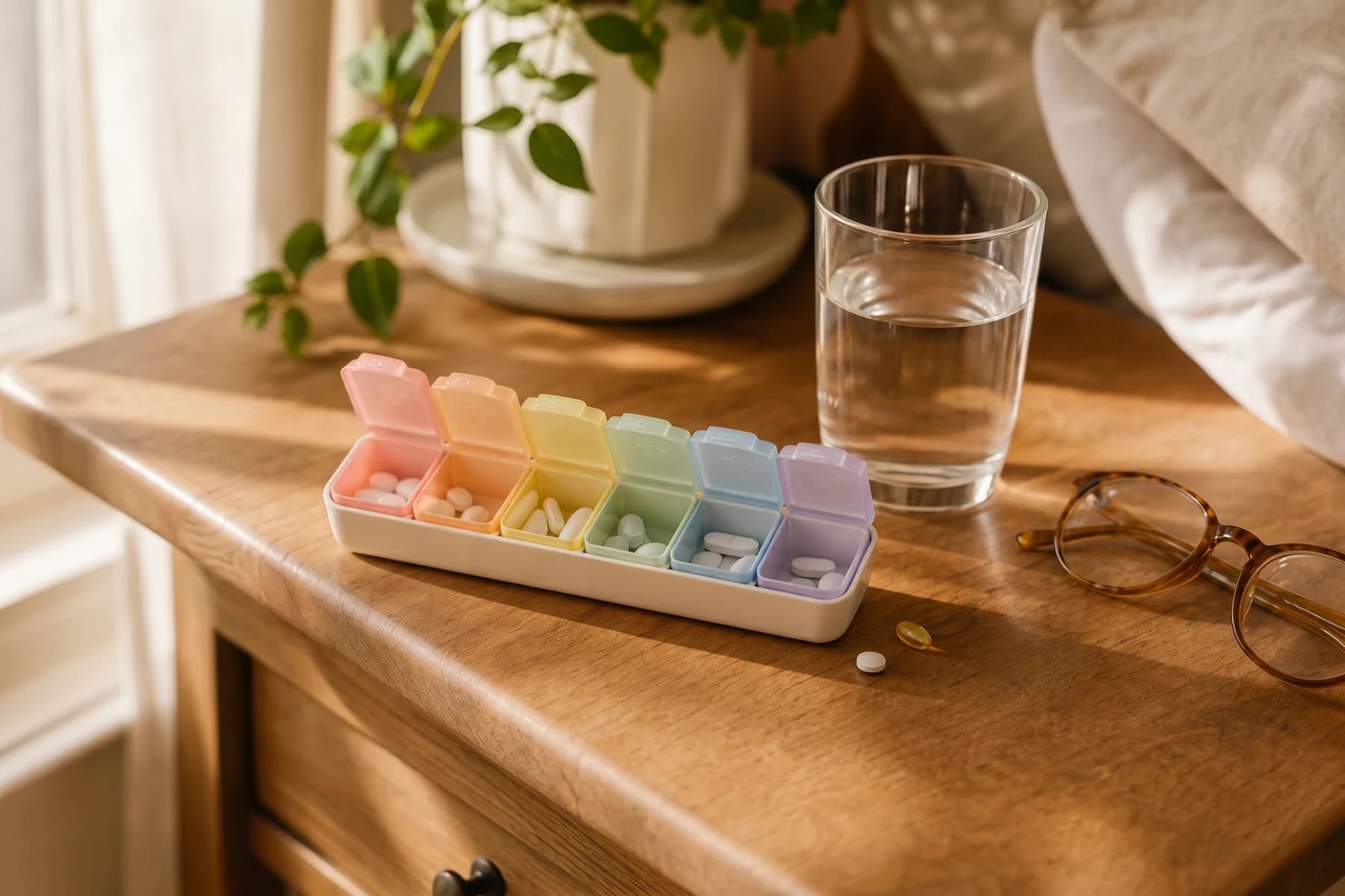 Caregiver handing a pill organizer to an older adult — medication reminders