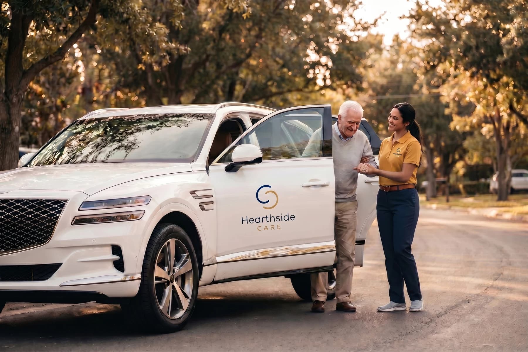 Caregiver helping an older gentleman out of a branded Hearthside Care vehicle — transportation and errands