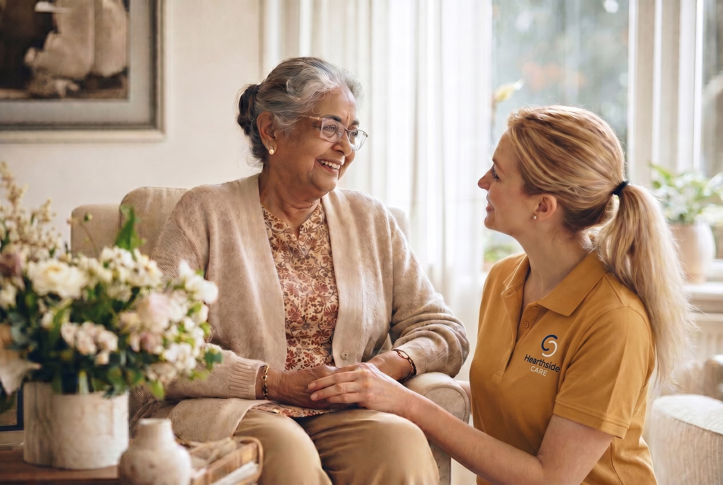 A caregiver with an older woman in a bright airy home
