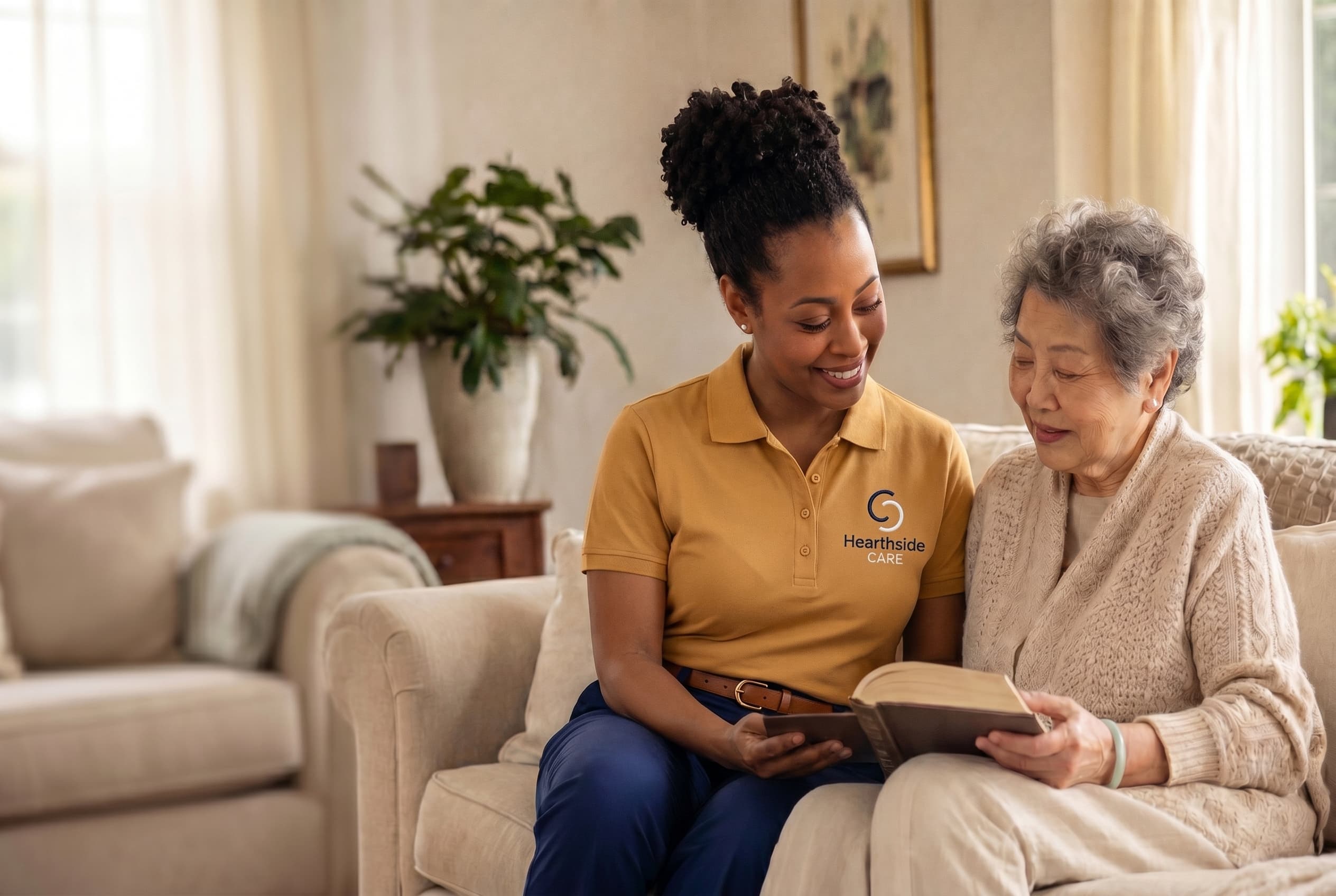 A caregiver and an older woman enjoying a calm moment at home